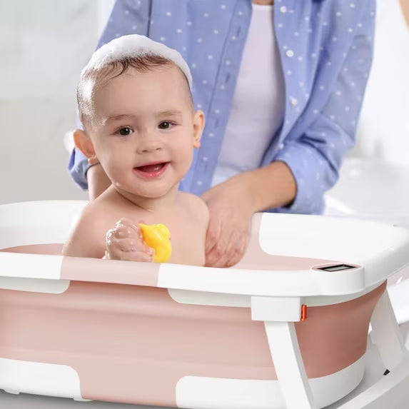 TUMAJUP Foldable Baby Bathtub PP+TPE with Soft Bath Net&Thermometer for 0-36 Months Toddler Pink