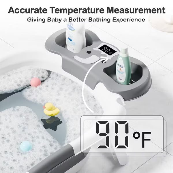 TUMAJUP Foldable Baby ‎Bathtub Elephant PP+TPE with Soft Cushion&Thermometer for 0-36 Months Toddler Gray