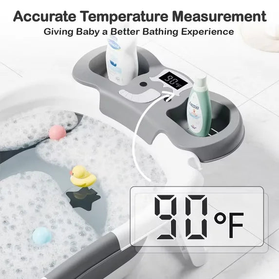 TUMAJUP Foldable Baby ‎Bathtub Elephant PP+TPE with Soft Cushion&Thermometer for 0-36 Months Toddler Gray