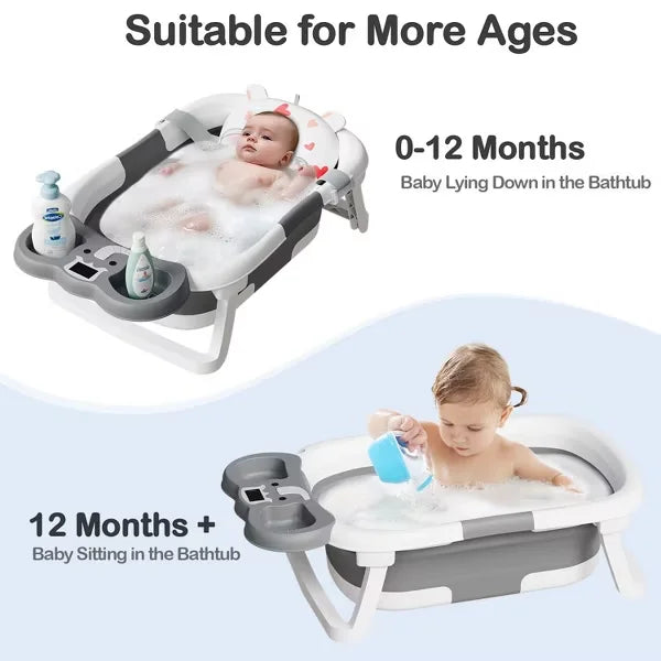TUMAJUP Foldable Baby ‎Bathtub Elephant PP+TPE with Soft Cushion&Thermometer for 0-36 Months Toddler Gray