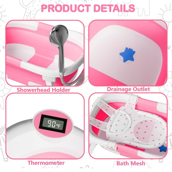 TUMAJUP Collapsible Baby Bathtub for Infants and Toddlers with Bath Net and Thermometer-Hot Pink