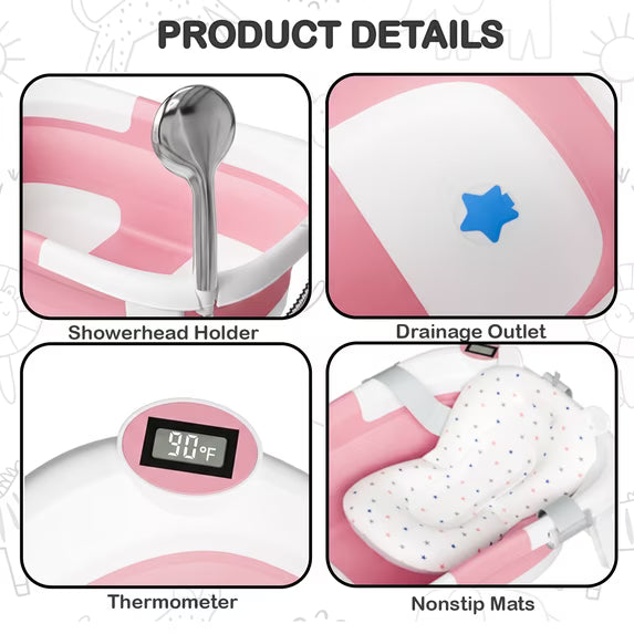 Tumajup Collapsible Baby Bathtub with Soft Bath Cushion&Thermometer Gray