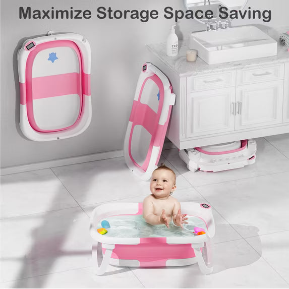 TUMAJUP Collapsible Baby Bathtub for Infants and Toddlers with Bath Net and Thermometer-Hot Pink