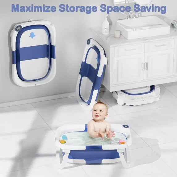 Tumajup Foldable Baby ‎Bathtub PP+TPE with Soft Bath Net&Thermometer for 0-36 Months Toddler Blue