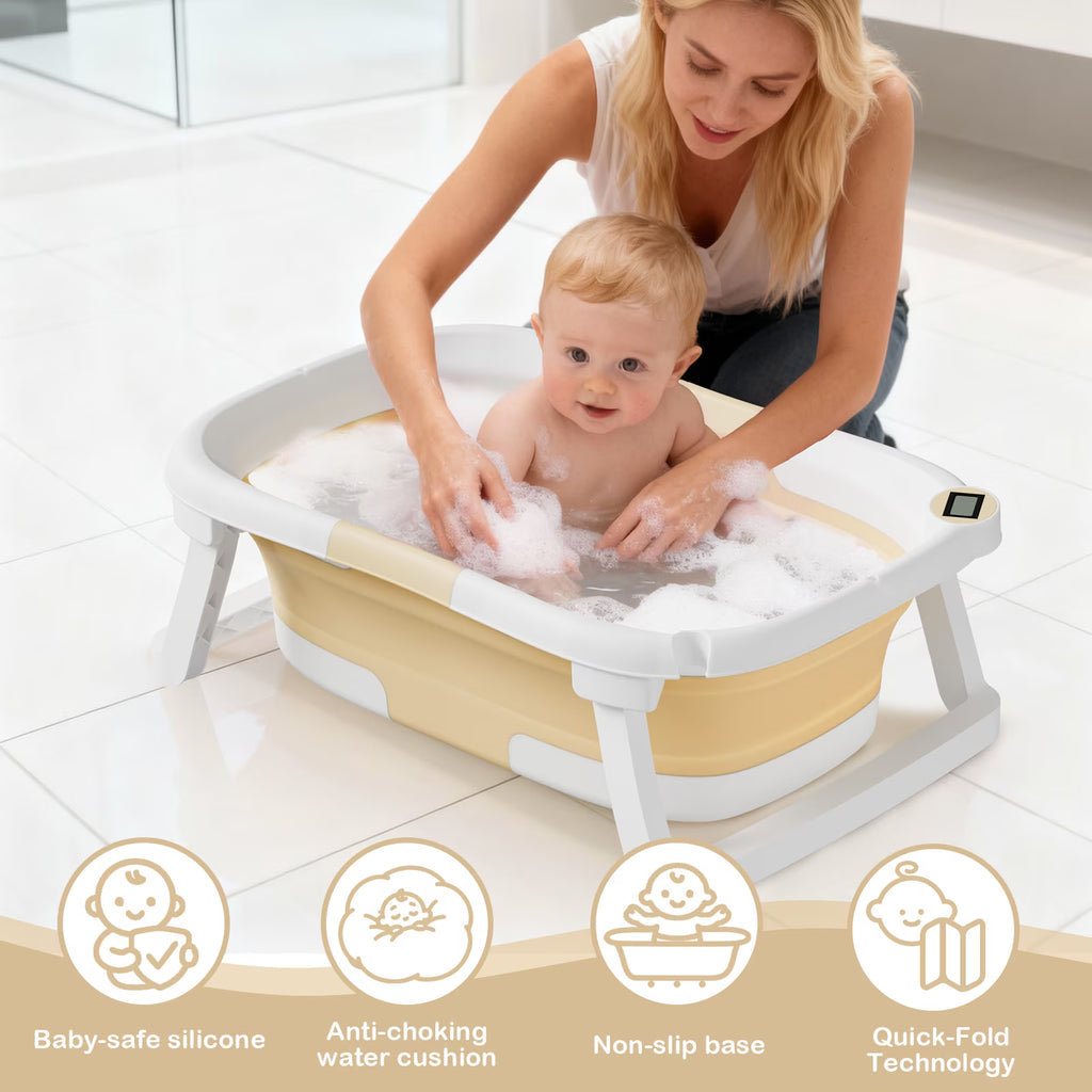 TUMAJUP Collapsible Baby Bathtub for Infants and Toddlers with Bath Net and Thermometer-Khaki
