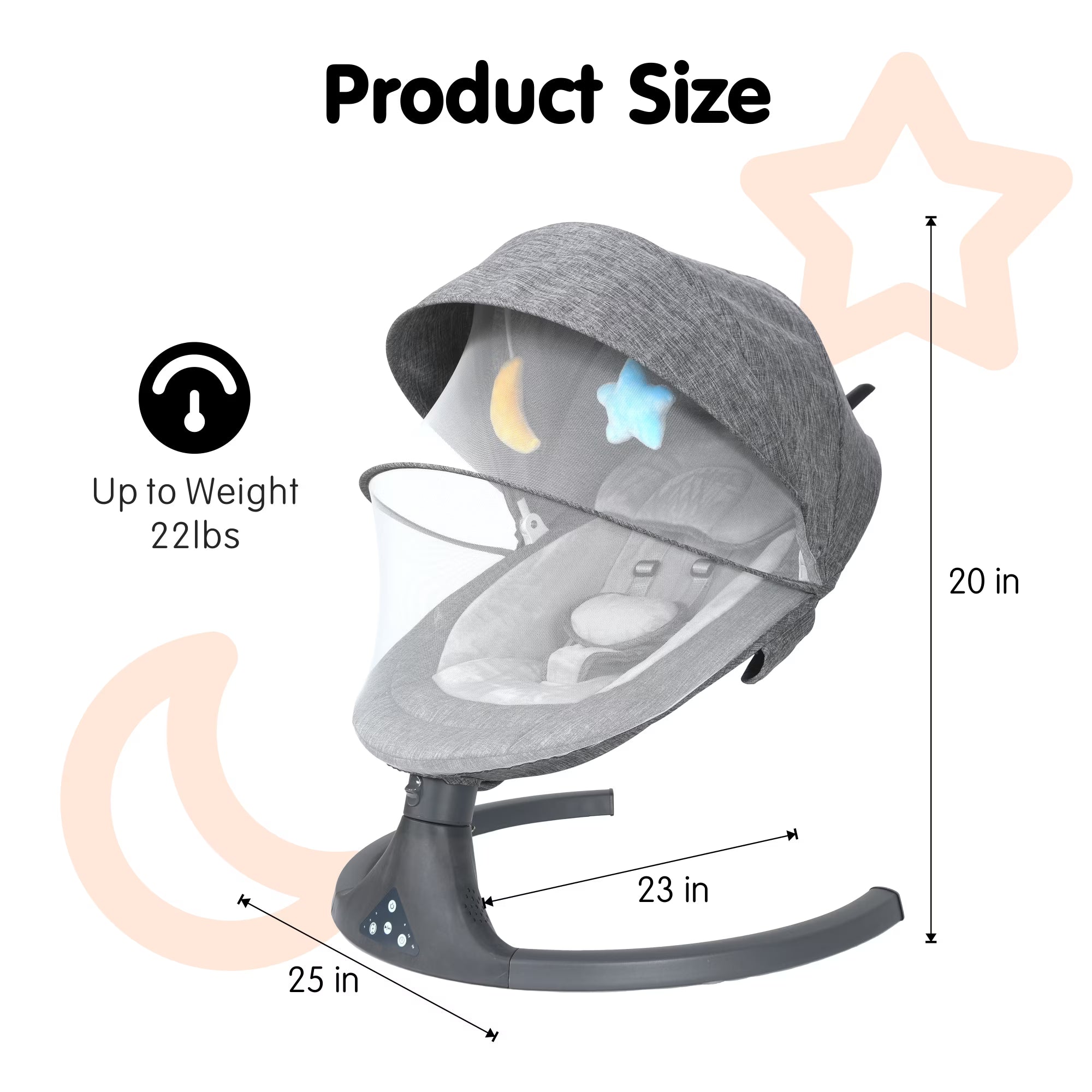 Tumajup 5 in 1 Large Baby Swing Bouncer with Rocking, Mosquito Net&Cute Toys Gray Striped for Toddler, 1 Count