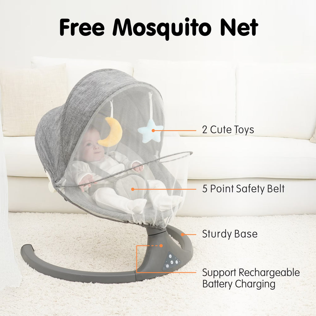 Tumajup 5 in 1 Large Baby Swing Bouncer with Rocking, Mosquito Net&Cute Toys Gray Striped for Toddler, 1 Count