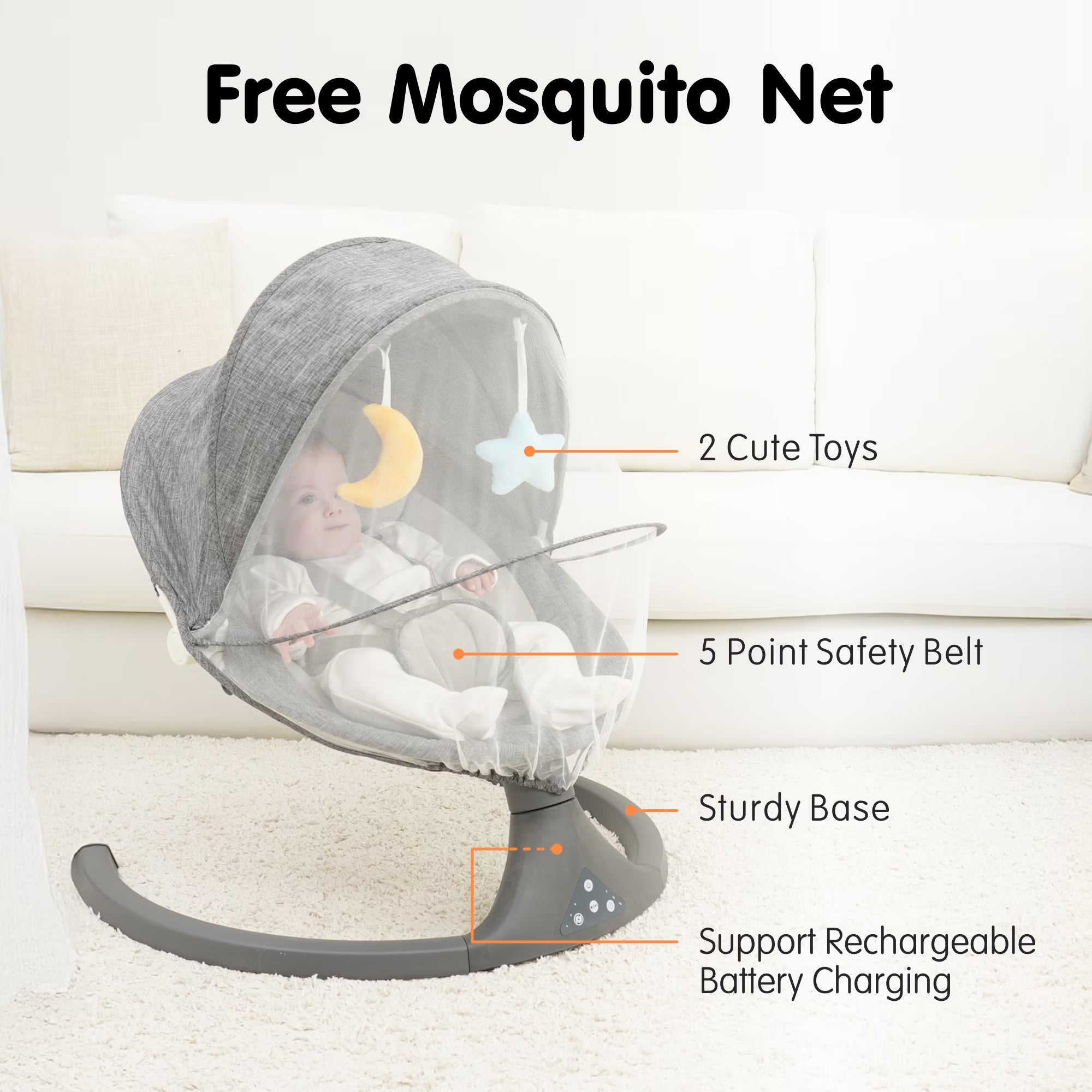 Tumajup 5 in 1 Large Baby Swing Bouncer with Rocking, Mosquito Net&Cute Toys Gray Striped for Toddler, 1 Count