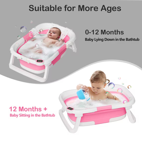 TUMAJUP Collapsible Baby Bathtub for Infants and Toddlers with Bath Net and Thermometer-Hot Pink