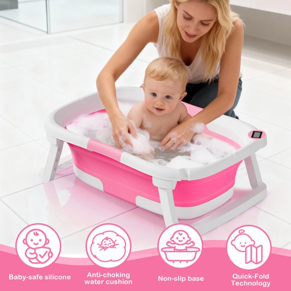 TUMAJUP Collapsible Baby Bathtub for Infants and Toddlers with Bath Net and Thermometer-Hot Pink