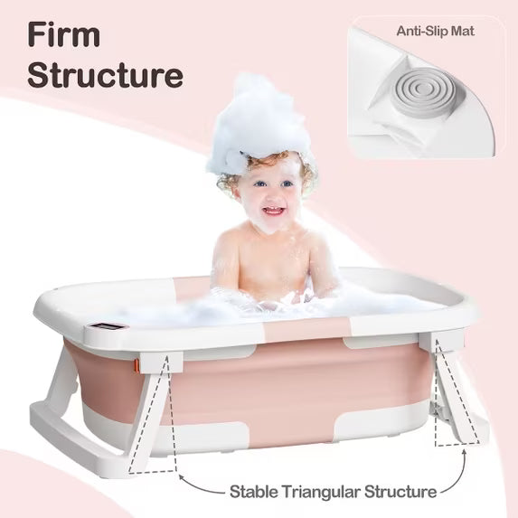 TUMAJUP Foldable Baby Bathtub PP+TPE with Soft Bath Net&Thermometer for 0-36 Months Toddler Pink
