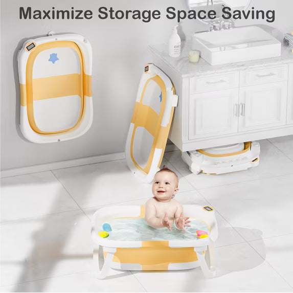 TUMAJUP Collapsible Baby Bathtub for Infants and Toddlers with Bath Net and Thermometer-Yellow