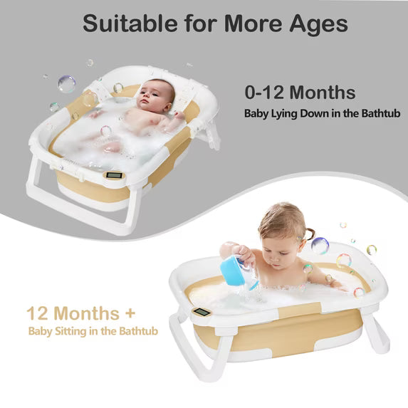 TUMAJUP Collapsible Baby Bathtub for Infants and Toddlers with Bath Net and Thermometer-Khaki