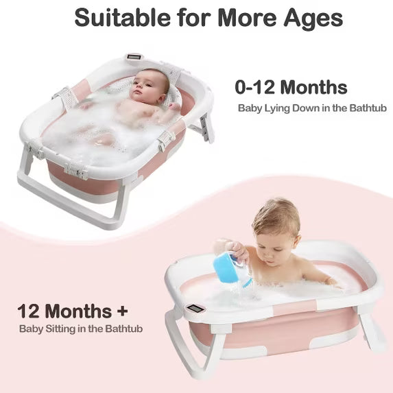 TUMAJUP Foldable Baby Bathtub PP+TPE with Soft Bath Net&Thermometer for 0-36 Months Toddler Pink