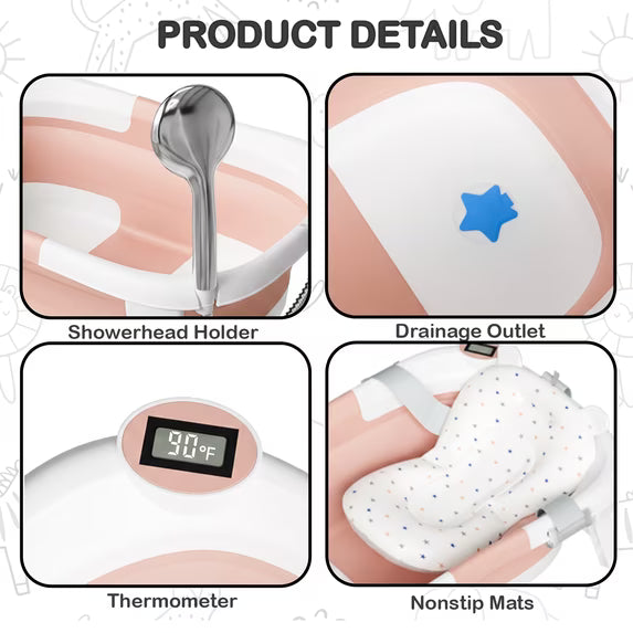 TUMAJUP Foldable Baby Bathtub PP+TPE with Soft Bath Net&Thermometer for 0-36 Months Toddler Pink