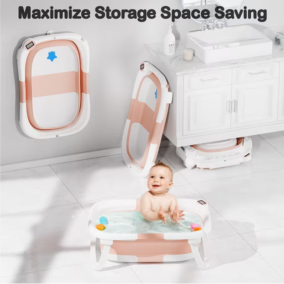 TUMAJUP Foldable Baby Bathtub PP+TPE with Soft Bath Net&Thermometer for 0-36 Months Toddler Pink