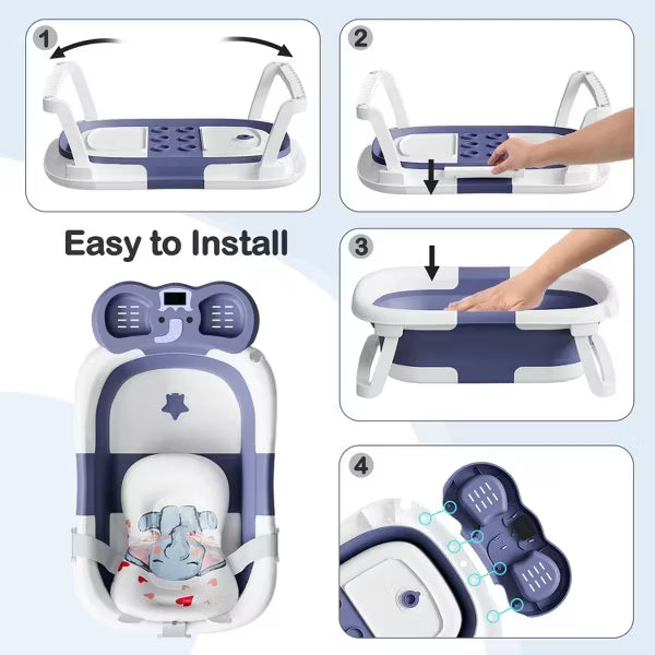 Tumajup Foldable Baby ‎Bathtub Elephant PP+TPE with Soft Cushion&Thermometer for 0-36 Months Toddler Gray