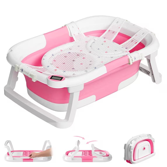 TUMAJUP Collapsible Baby Bathtub for Infants and Toddlers with Bath Net and Thermometer-Hot Pink