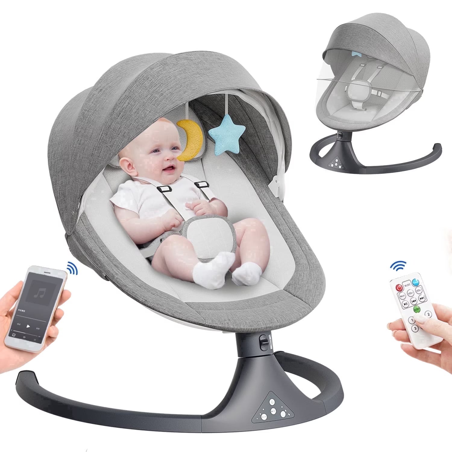 Tumajup 5 in 1 Large Baby Swing Bouncer with Rocking, Mosquito Net&Cute Toys Gray Striped for Toddler, 1 Count