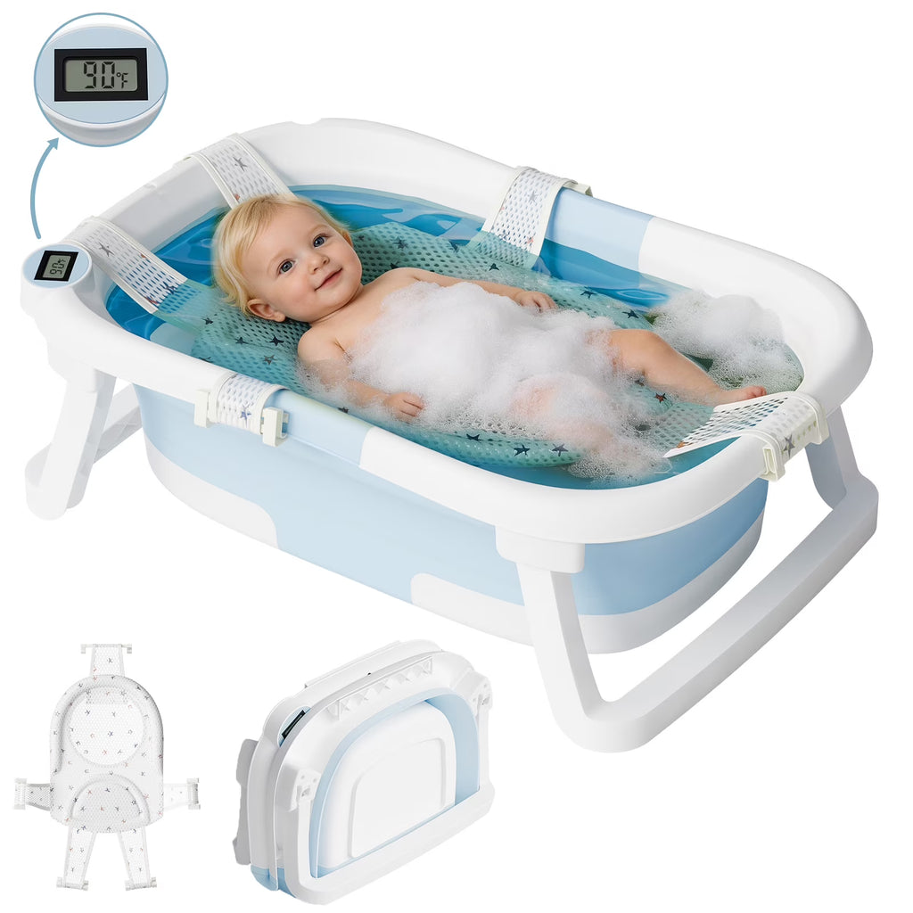 Tumajup Collapsible Baby Bathtub with Soft Bath Cushion&Thermometer Gray