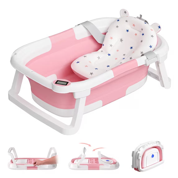 Tumajup Collapsible Baby Bathtub with Soft Bath Cushion&Thermometer Gray