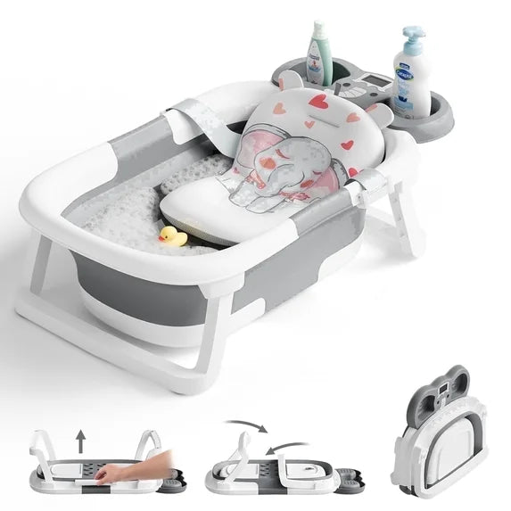 TUMAJUP Foldable Baby ‎Bathtub Elephant PP+TPE with Soft Cushion&Thermometer for 0-36 Months Toddler Gray