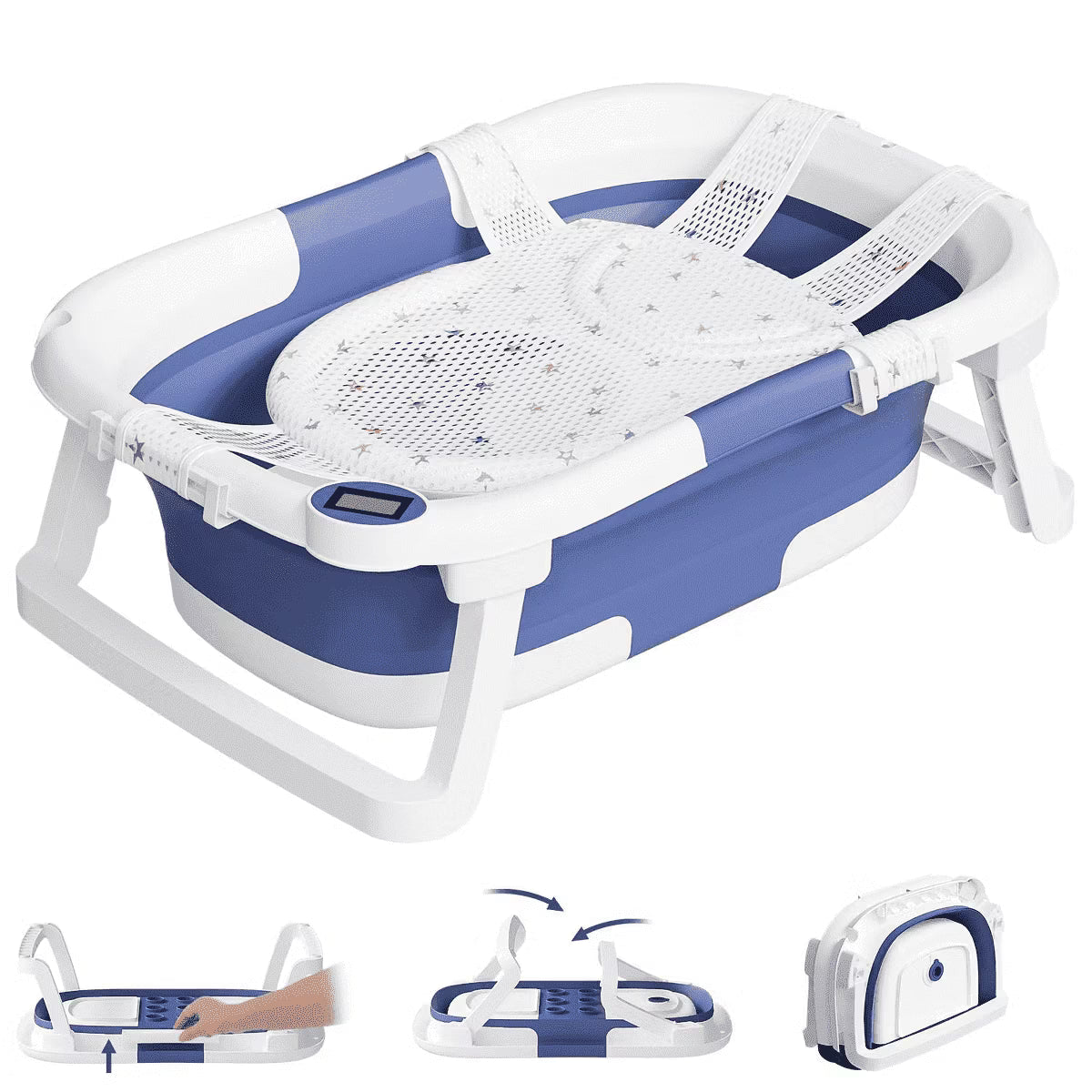 Tumajup Foldable Baby ‎Bathtub PP+TPE with Soft Bath Net&Thermometer for 0-36 Months Toddler Blue