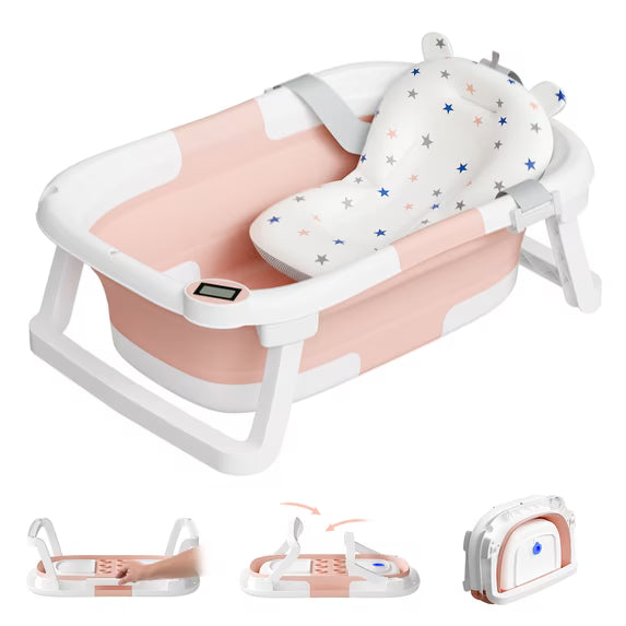 TUMAJUP Foldable Baby Bathtub PP+TPE with Soft Bath Net&Thermometer for 0-36 Months Toddler Pink