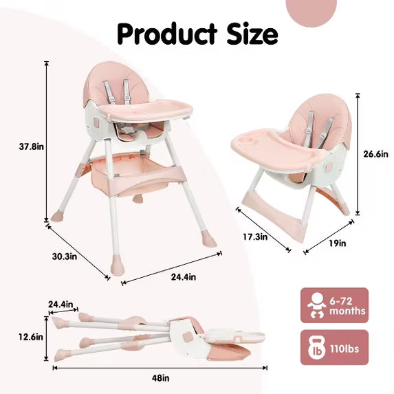 TUMAJUP 6- in -1 Baby High Chair with 5 -Point Safety Harness-Pink