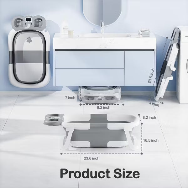 TUMAJUP Foldable Baby ‎Bathtub Elephant PP+TPE with Soft Cushion&Thermometer for 0-36 Months Toddler Gray