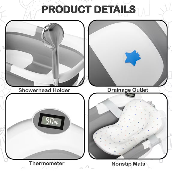 Tumajup Collapsible Baby Bathtub with Soft Bath Cushion&Thermometer , Gray