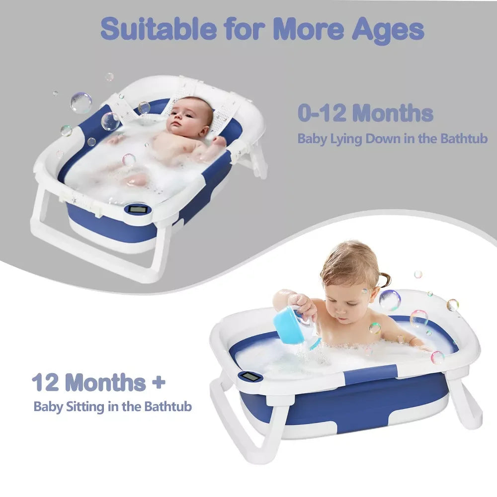 Tumajup Foldable Baby ‎Bathtub PP+TPE with Soft Bath Net&Thermometer for 0-36 Months Toddler Blue