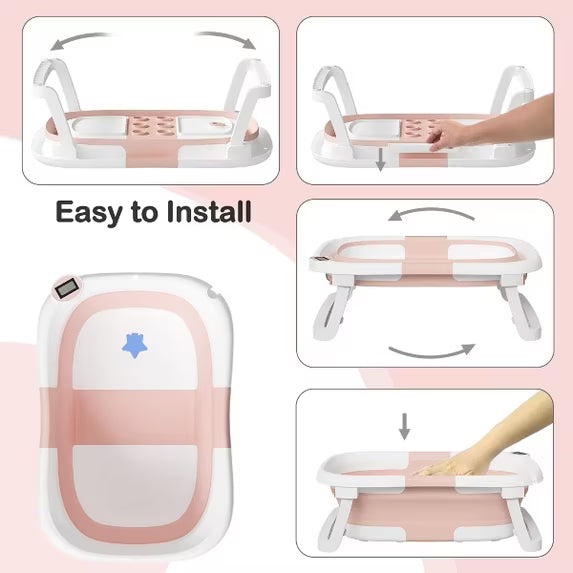 TUMAJUP Foldable Baby Bathtub PP+TPE with Soft Bath Net&Thermometer for 0-36 Months Toddler Pink