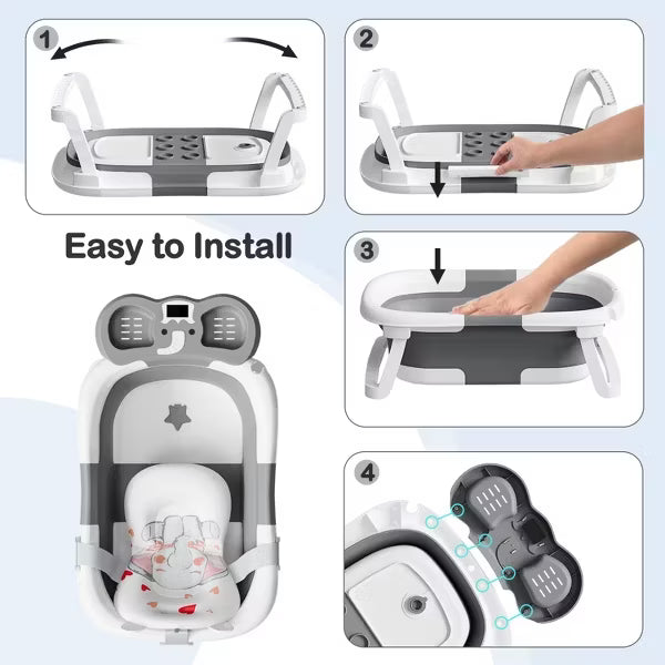 TUMAJUP Foldable Baby ‎Bathtub Elephant PP+TPE with Soft Cushion&Thermometer for 0-36 Months Toddler Gray