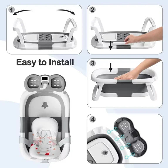 TUMAJUP Foldable Baby ‎Bathtub Elephant PP+TPE with Soft Cushion&Thermometer for 0-36 Months Toddler Gray