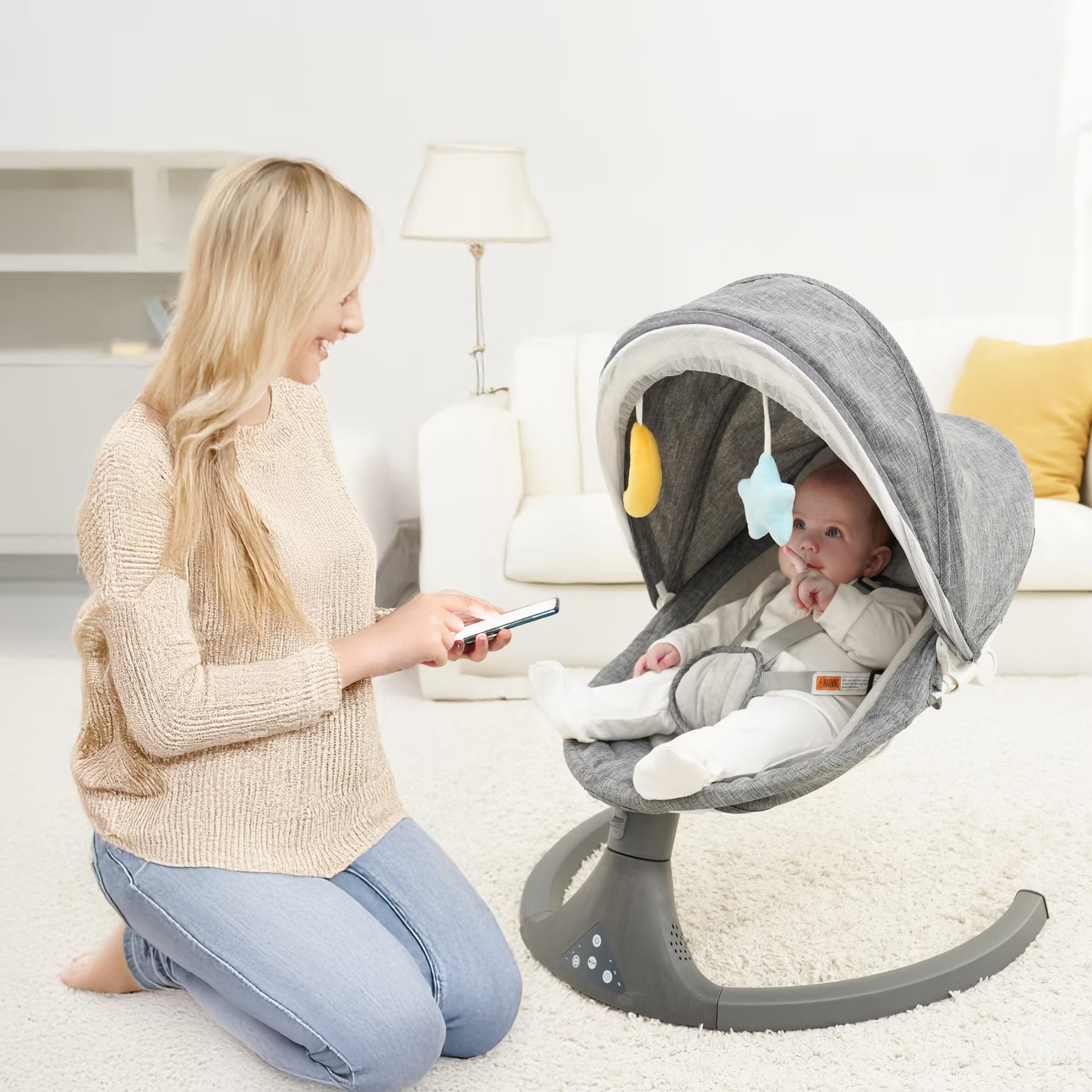 Tumajup 5 in 1 Large Baby Swing Bouncer with Rocking, Mosquito Net&Cute Toys Gray Striped for Toddler, 1 Count
