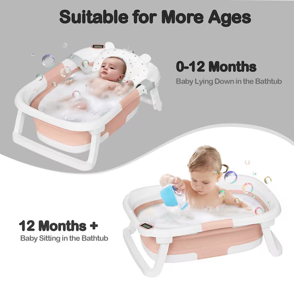 TUMAJUP Foldable Baby Bathtub PP+TPE with Soft Bath Net&Thermometer for 0-36 Months Toddler Pink