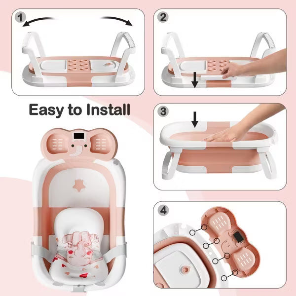 Tumajup Foldable Baby ‎Bathtub Elephant PP+TPE with Soft Cushion&Thermometer for 0-36 Months Toddler Gray