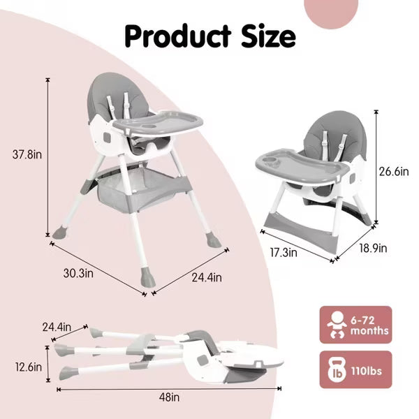 TUMAJUP 6- in -1 Baby High Chair with 5 -Point Safety Harness-Gray